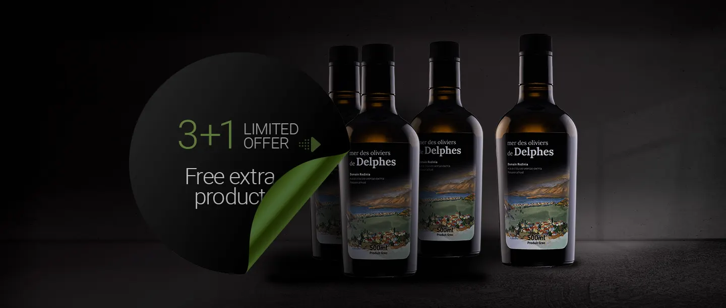 Α Photo of four same packaging of the Elaikos Monovarietal Thasitiki Extra virgin Olive oil visualizing the limited offer of giving one product for free with the purchasing of three products. 
