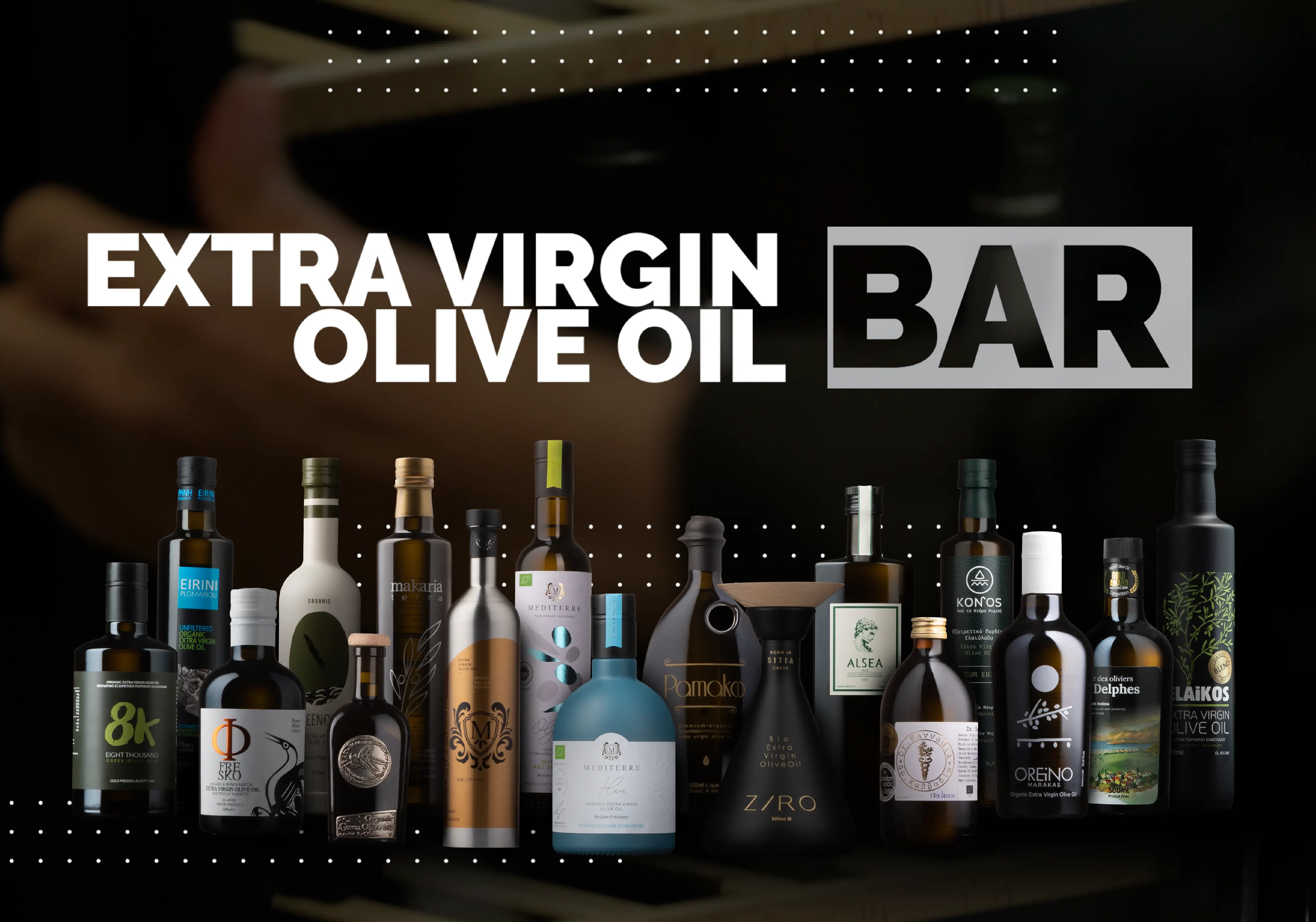 Family photo of the 17 bottled extra virgin olive oils of Olive Epitome Collection