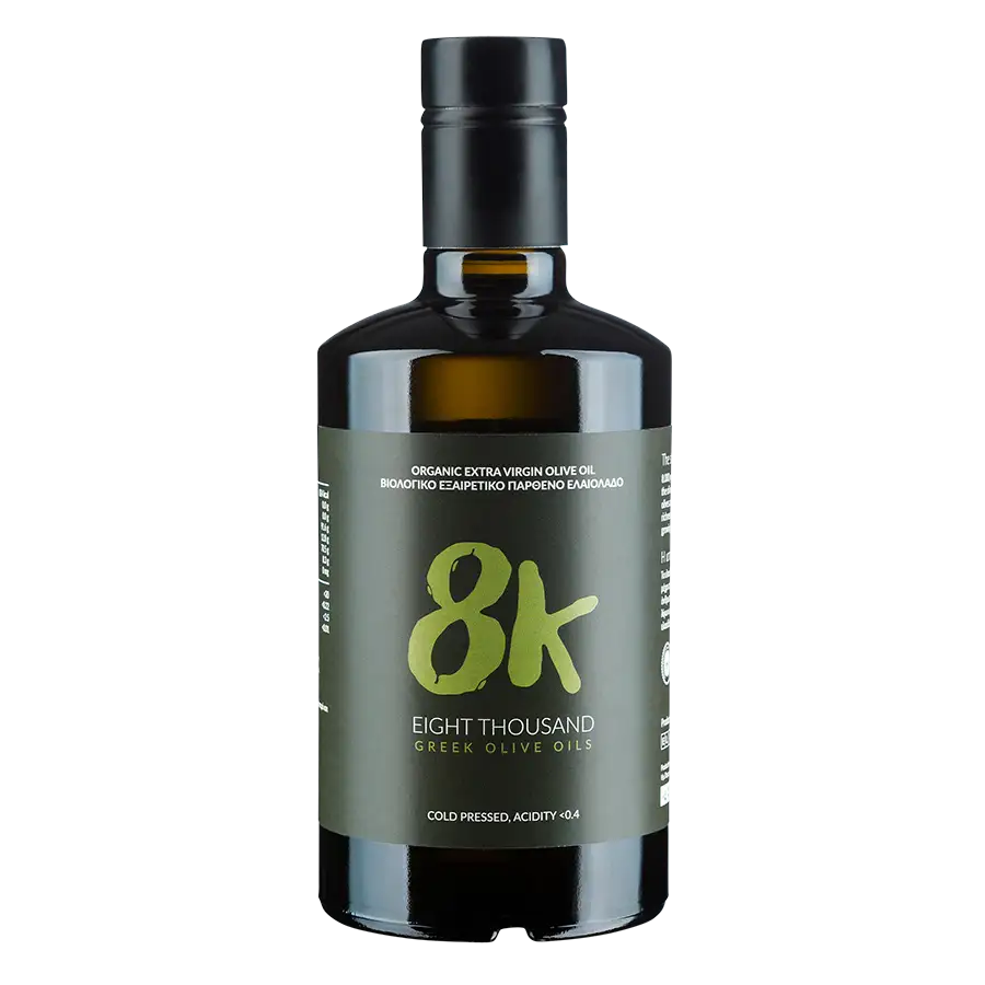 8K Premium organic olive oil bottle front view