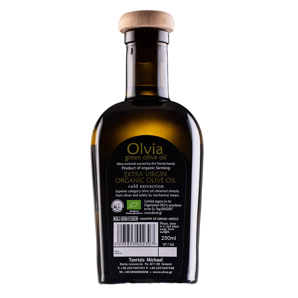 Olvia Green organic olive oil bottle back view