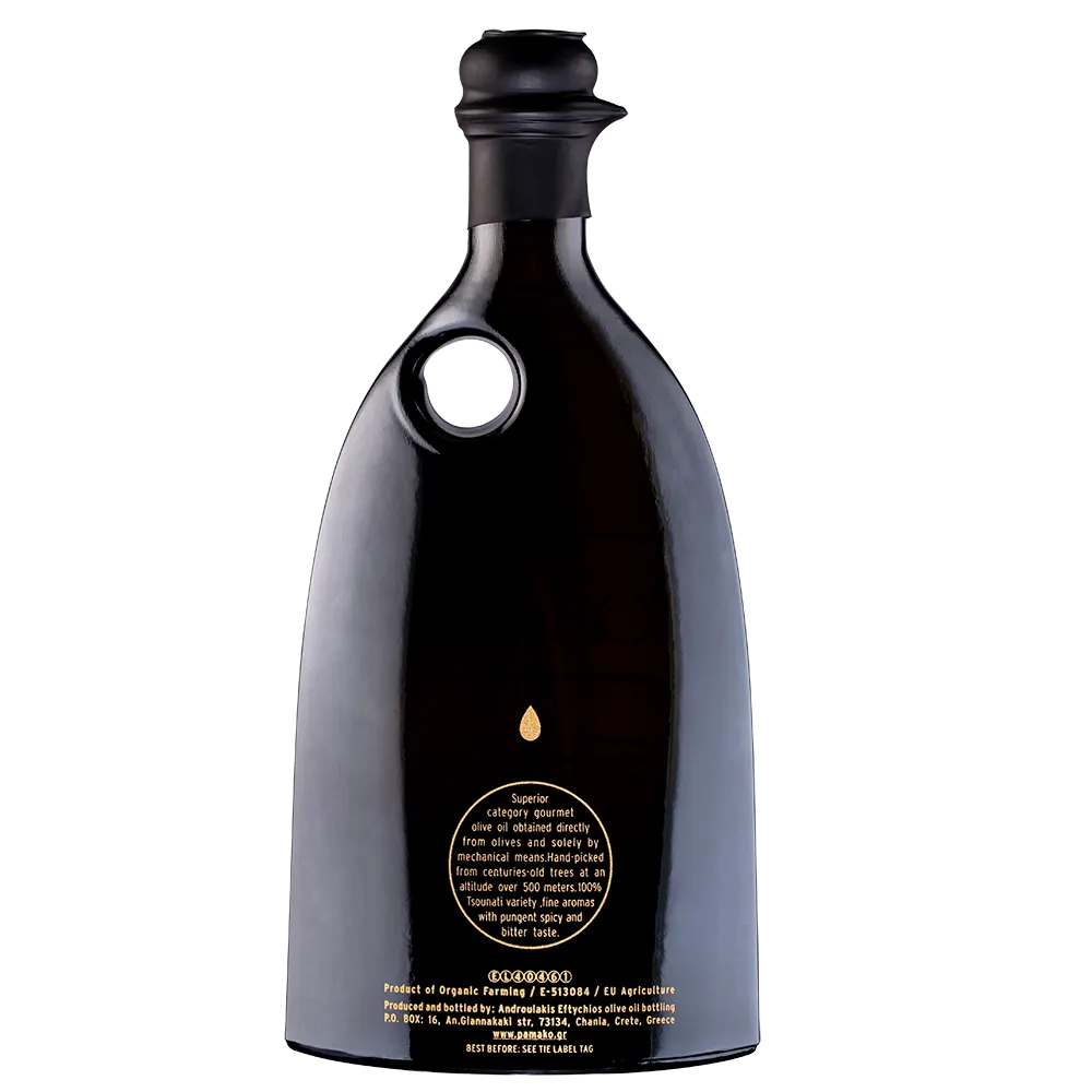 Pamako Organic Monovarietal organic olive oil bottle back view