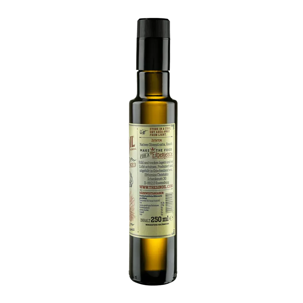 The Sin Oil extra virgin olive oil bottle back view